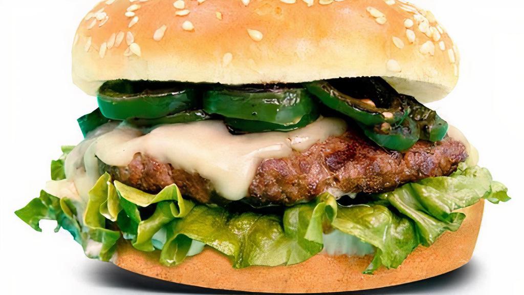 Spanish Beef Burger · 1/3 lb patty, habanero aioli, grilled jalapeno, and leaf lettuce pepper jack cheese.
