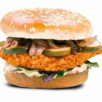 Crispy Chicken Burger · 1/4 lb chicken, sauce, sauteed onions, mixed greens, pickles, and buffalo sauce.