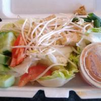 Thai Salad · Lettuce, cucumber, tomato, bean sprouts, and onions with a side of peanut sauce.