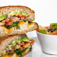 Chicken Fresca Sandwich · Oven roasted chicken, Artisan cheese blend, fresh sliced tomatoes, red onions, avocado, arug...
