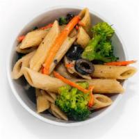 Pasta Salad · Whole wheat pasta tossed with black olives, red peppers, broccoli, and dijon vinaigrette.