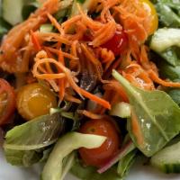 Dog House Salad-Large · Mixed greens, cucumbers, cherry tomatoes, red onions, pickled carrots