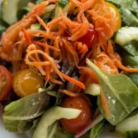 Dog House Salad - Small · Mixed greens, cucumbers, cherry tomatoes, red onions, pickled carrots