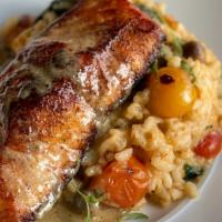 Risotto · With Mushrooms, blistered cherry tomatoes, spinach, parmesan