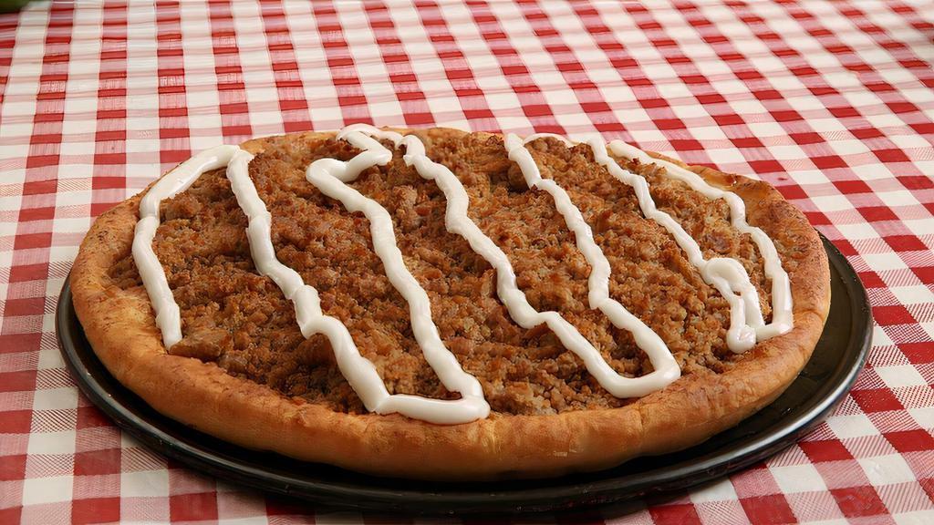Dessert Pizza · Our delicious sicilian crust with crumbled cinnamon streusel topping and icing. Plenty to share!
Serves 3-4 people.