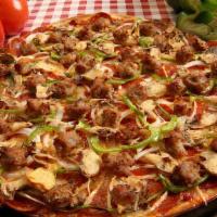All The Way · Provolone cheese, pepperoni, onions, green peppers, mushrooms and sausage.
