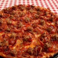 Whole Hog · If you love meat, this is your pie! Provolone cheese, pepperoni, ham, bacon and sausage.