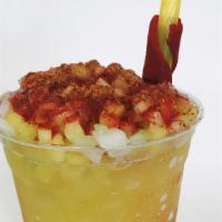 Tornado · Cucumber, pineapple, and jicama, pineapple shaved ice, chili and chamoy (sour chili).