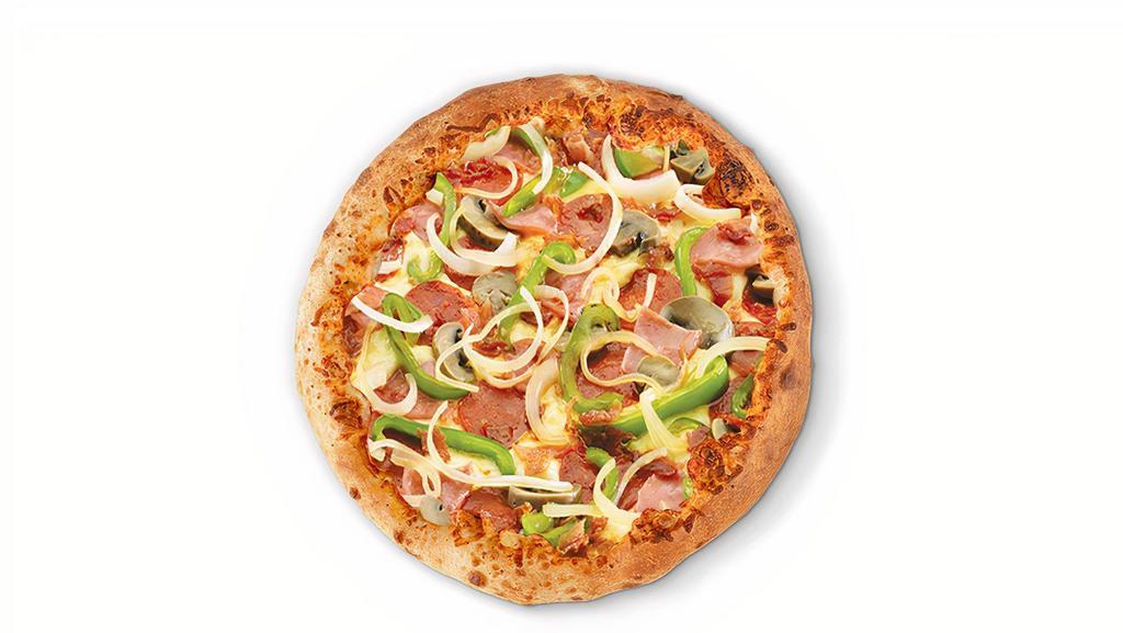 Supreme Specialty Pizza · Pepperoni, ham, bacon, green peppers, mushrooms and onions.