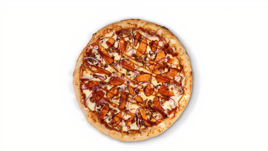 Bbq Chicken Specialty Pizza · Six slices. Bbq chicken, red onions, bacon, and famous bbq sauce. No pizza sauce.