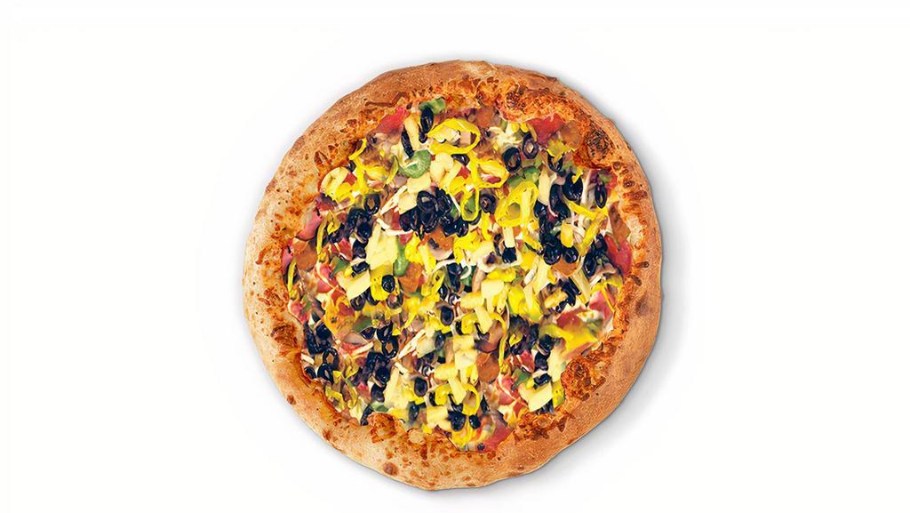 Everything Specialty Pizza · Pepperoni, ham, bacon, Italian sausage, ground beef, mushrooms, green peppers, onions, red onions, black olives, banana peppers, green olives, jalapeño pepper, tomato, spinach and pineapple.