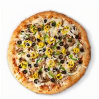 Veggie Specialty Pizza · Six slices. Green peppers, onions, black olives, mushrooms and banana peppers.