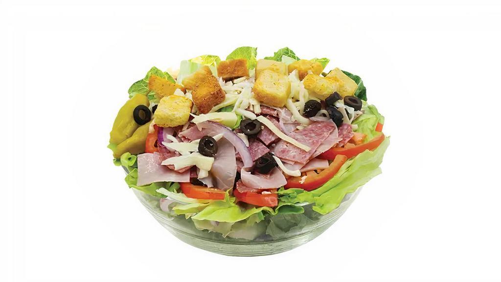 Antipasto Salad (Small) · Ham, salami, fresh crisp lettuce, kalamata olives, shredded mozzarella cheese, tomatoes, red onions, croutons and pepperoncini.