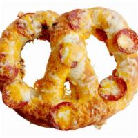Pepperoni Cheese Pretzel · Original jumbo soft pretzel topped with pepperoni and cheese.