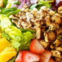 Orange Chicken Salad · Freshly made salad. Base of romaine and spinach. Topped with chicken. Contains: orange, grap...