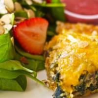 Spinach And Mushroom Quiche · Fresh slice of our homemade quiche. Comes with a spinach strawberry side salad and dressing....