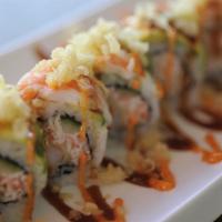 All About Shrimp Roll · All about Cha's original sushi roll. Has tempura shrimp, crab meat, and cucumber inside. Top...
