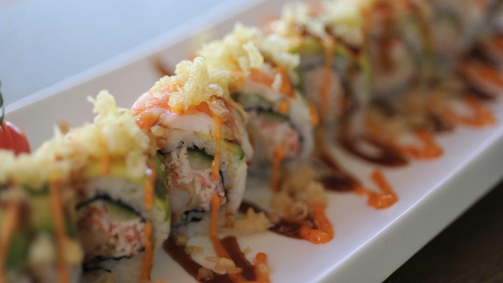 All About Shrimp Roll · All about Cha's original sushi roll. Has tempura shrimp, crab meat, and cucumber inside. Topped with steamed shrimp, avocado, crunch, and sesame seed. Sauce: eel sauce and spicy mayo Comes with a cup of miso soup.