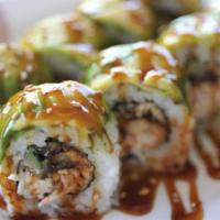 All About Eel Roll · All about Cha's original sushi roll.
Has flambe' eel strips, crab meat and cucumber inside.
...