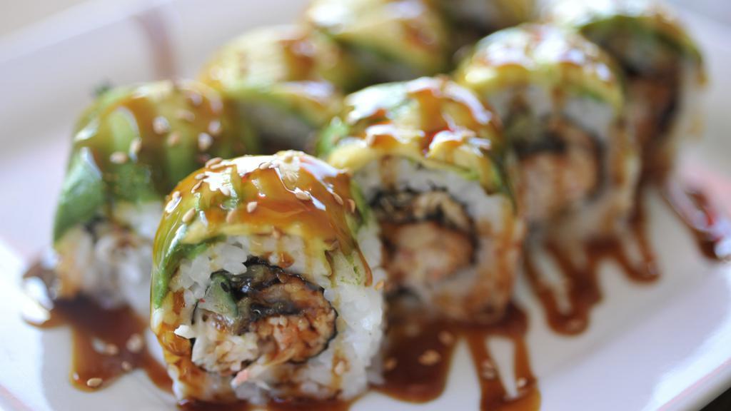 All About Eel Roll · All about Cha's original sushi roll.
Has flambe' eel strips, crab meat and cucumber inside.
Topped with avocado and sesame seed.
Sauce: eel sauce
Comes with a cup of miso soup.