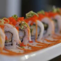 All About Fresh Roll · All about Cha's original sushi roll. Has tempura shrimp and cucumber inside. Topped with shr...