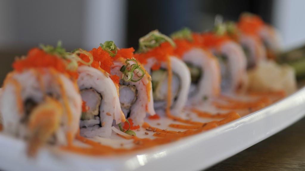 All About Fresh Roll · All about Cha's original sushi roll. Has tempura shrimp and cucumber inside. Topped with shredded steamed crab meat, masago, and sesame seed. Sauce: spicy mayo. Comes with a cup of miso soup.