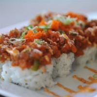 All About Tuna Roll · All about Cha's original sushi roll.
A california roll base.
Topped with spicy tuna, jalapeñ...