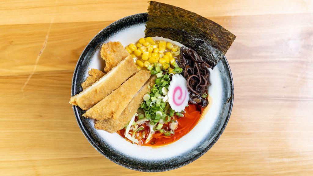 Crispy Chicken Ramen · Spicy. Crispy chicken, fish cake, sliced cabbage, fungus, corn, green onion, red chili pepper, spicy oil and black garlic oil in soy sauce base.
Mild Spicy