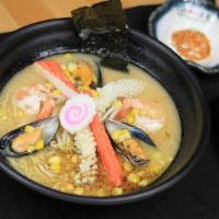 Seafood Ramen · Shrimp, muscle, squid, crab meat, fish cake, bean sprouts, corn & black garlic oil in miso b...