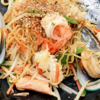 Seafood Stir Fried Ramen · Mussel. Shrimp, Crab Meat, Fish Cake, Squid, Bean Sprout, Carrots, Pepper Boiled Ramen, Topp...