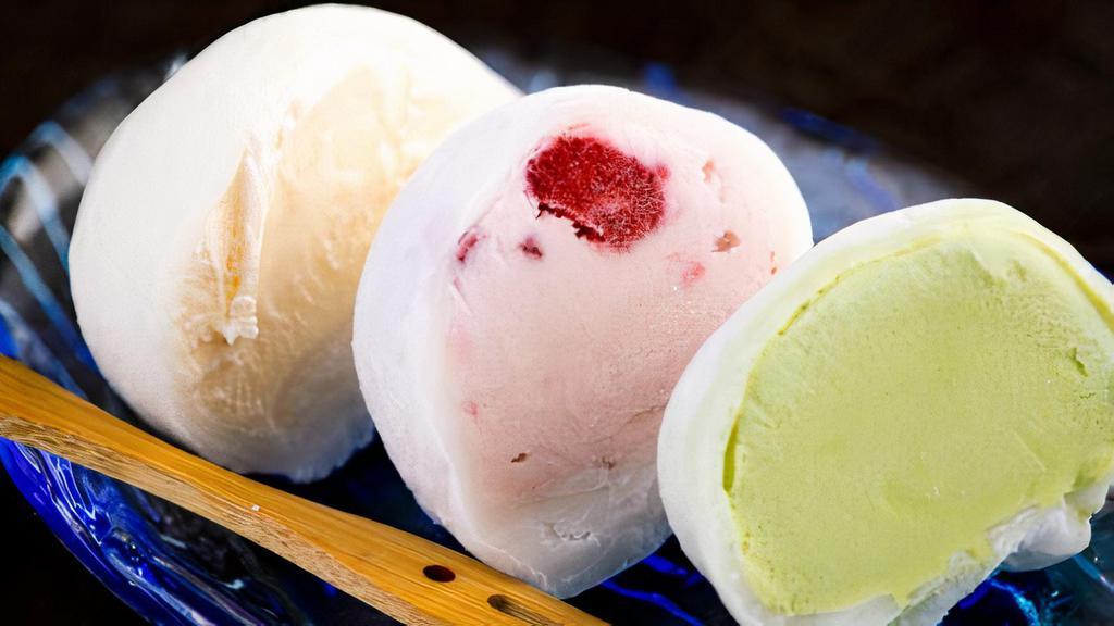 Mochi Ice Cream · Mochi ice cream is a small, round confection consisting of a soft, pounded sticky rice dumpling (mochi) formed around an ice cream filling. The ice cream flavors the confection while the mochi adds sweetness and texture.