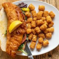 Walleye Sandwich · Beer Battered and Deep Fried Canadian Walleye with Tomato, Spring Mix, and Tartar Sauce. Ser...