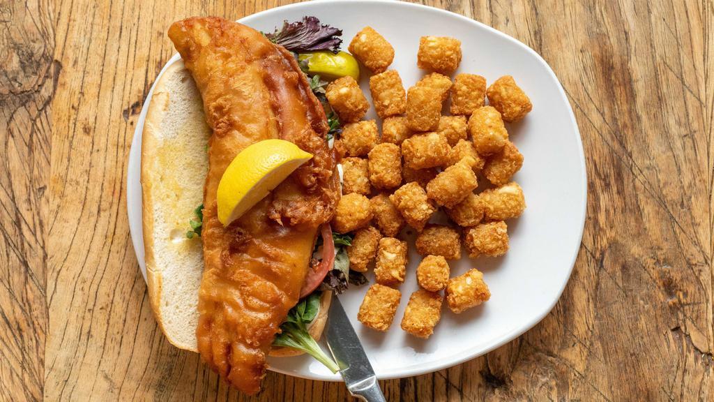 Walleye Sandwich · Beer Battered and Deep Fried Canadian Walleye with Tomato, Spring Mix, and Tartar Sauce. Served on a Hoagie.