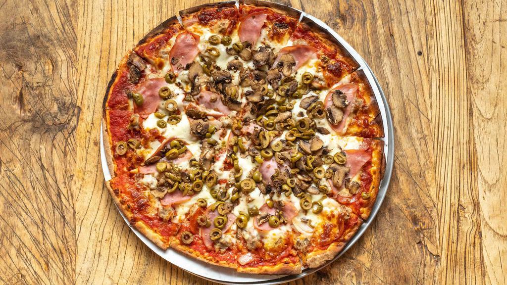 Lg Fireside Special Pizza · Italian Sausage, Fresh Mushrooms, Green Olives, Canadian Bacon, Onions, Pepperoni, Mozzarella Cheese