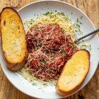 Spaghetti & Meatballs · Four Homemade Meatballs with Marinara, Served with Two Pieces of Garlic Toast
