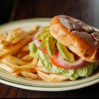 Albuquerque Turkey Burger · Turkey Burger, Tillamook Pepper Jack, Avocado, Lettuce, Tomato, Onion, Ancho Mayo, on a Brio...