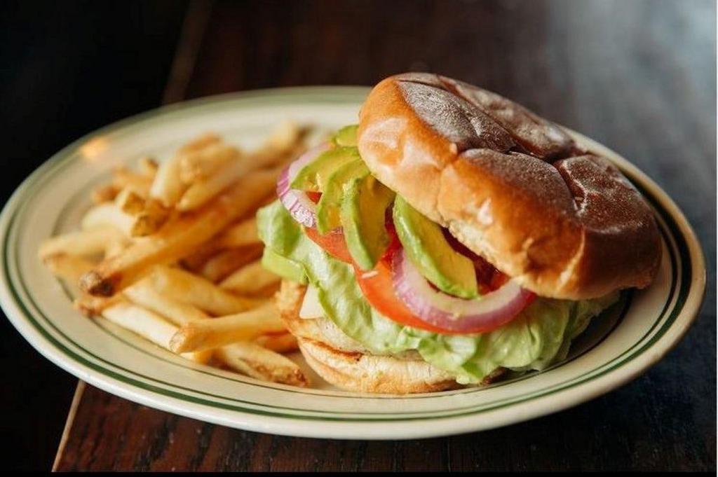 Albuquerque Turkey Burger · Turkey Burger, Tillamook Pepper Jack, Avocado, Lettuce, Tomato, Onion, Ancho Mayo, on a Brioche Bun