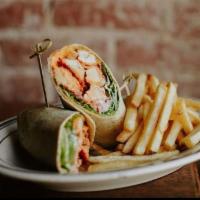 Buffalo Chicken Wrap · Hand-Breaded Chicken Fingers Tossed in Buffalo Sauce, Blue Cheese, Lettuce, Tomato, and Onio...