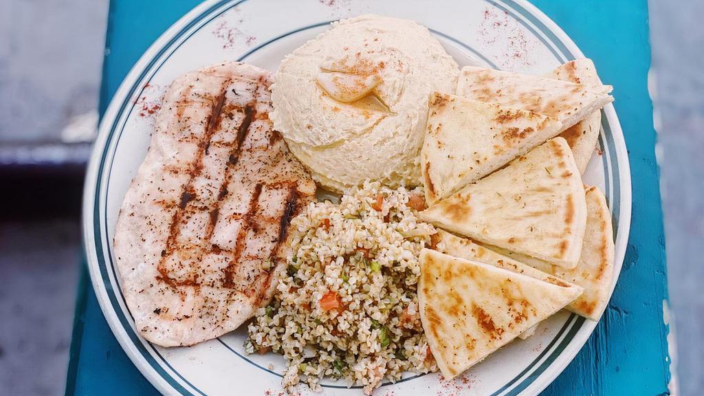 Mediterranean Chicken Plate  · Chicken Breast, Tabouli, Hummus, Served with Pita Bread