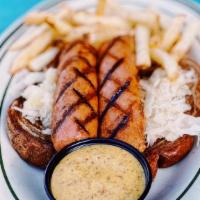 Beyond™ Brats · Two Beyond Bratwurst served with Sauerkraut, Marbled Rye Toast, Side Of Spicy Mustard with y...
