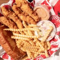 The Box Combo · Four Chicken Fingers, Crinkle-Cut Fries, One Cane's Sauce, Texas Toast, Coleslaw, Regular Dr...