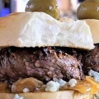 Filet Slyders · Beef tenderloin medallions, caramelized onions, bleu cheese crumbles, queen olive skewer. *s...