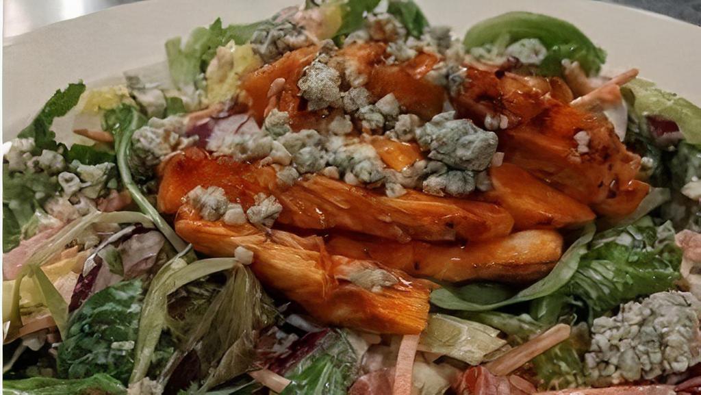 Buffalo Salad · Local revol spring greens, pico De gallo, bleu cheese crumbles, banana peppers, carrots, red onion, tossed with bleu cheese dressing.
