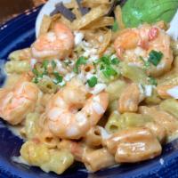 New Mexican Garlic Shrimp - Lunch Portion · Delicious jumbo gulf shrimp with fresh garlic, tomatillo cream sauce, diced tomato and avoca...