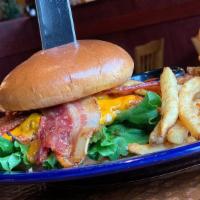 Honey Bbq Chicken Sandwich · Topped with cheddar cheese, bacon and spicy barbecue sauce with hand-cut fries.