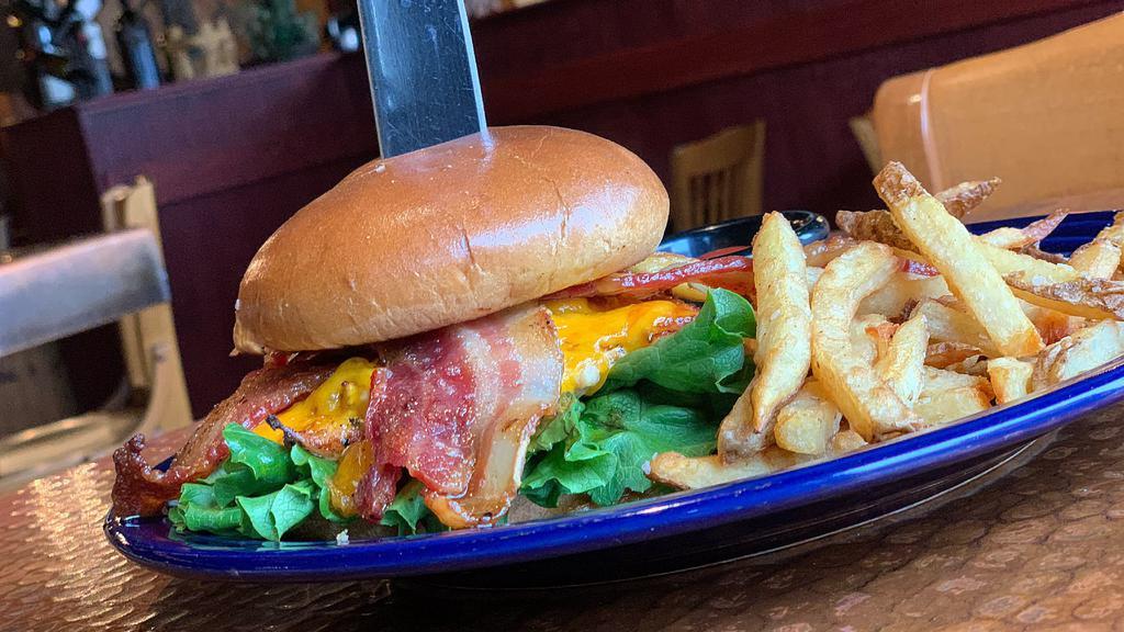 Honey Bbq Chicken Sandwich · Topped with cheddar cheese, bacon and spicy barbecue sauce with hand-cut fries.