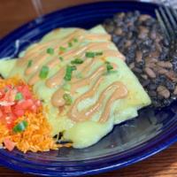 Sharon’S Spicy Sister -  Dinner Portion · chicken, jack cheese enchilada, inner beauty habernero cream sauce, ancho sour cream, rice, ...