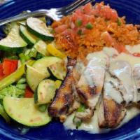 Wood-Grilled Chicken Breast - Lunch Portion · 11 am - 2 pm. With seasonal veggies and rice, choice of adobo Chile, barbecue or garlic crea...