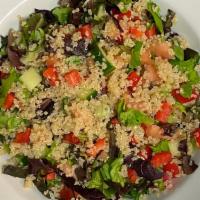 Quinoa Greek Bowl  · Quinoa, feta cheese, tomatoes, beets, cucumbers, pepperoncini, red onion, and Leo's Famous G...