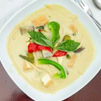 Green Curry · Green curry paste, eggplant, bamboo shoots, bell peppers, green beans Thai basil in coconut ...